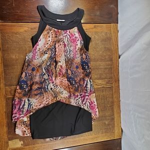 RODAN dress, semi sheer print top layer with black under layer